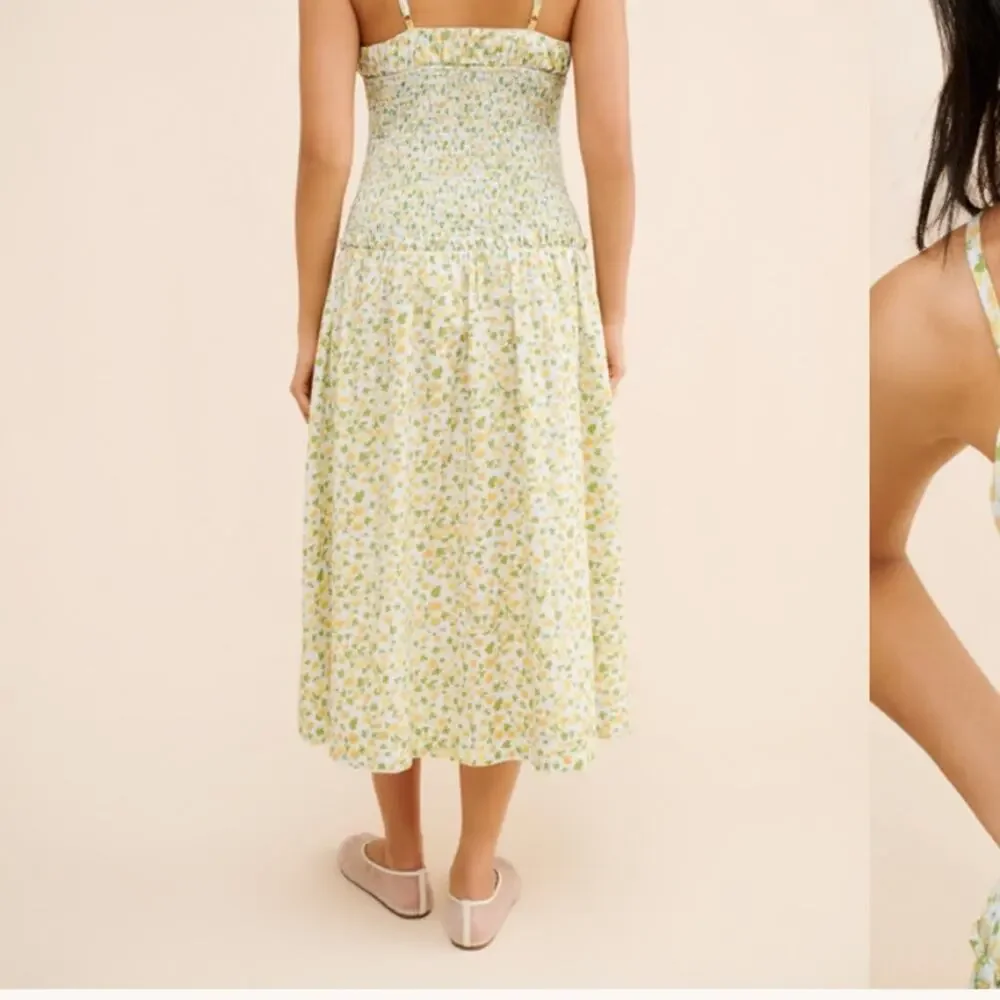 Free People Lavender Daze Smocked Floral Midi Dress XS Cream Yellow Green